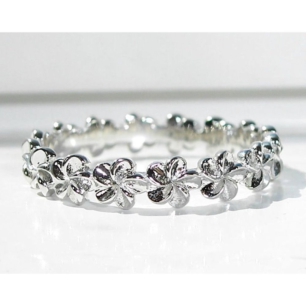 Hawaiian Plumeria Flower Eternity Band Ring 4.2 mm 925 Sterling Silver - Picture 3 of 16